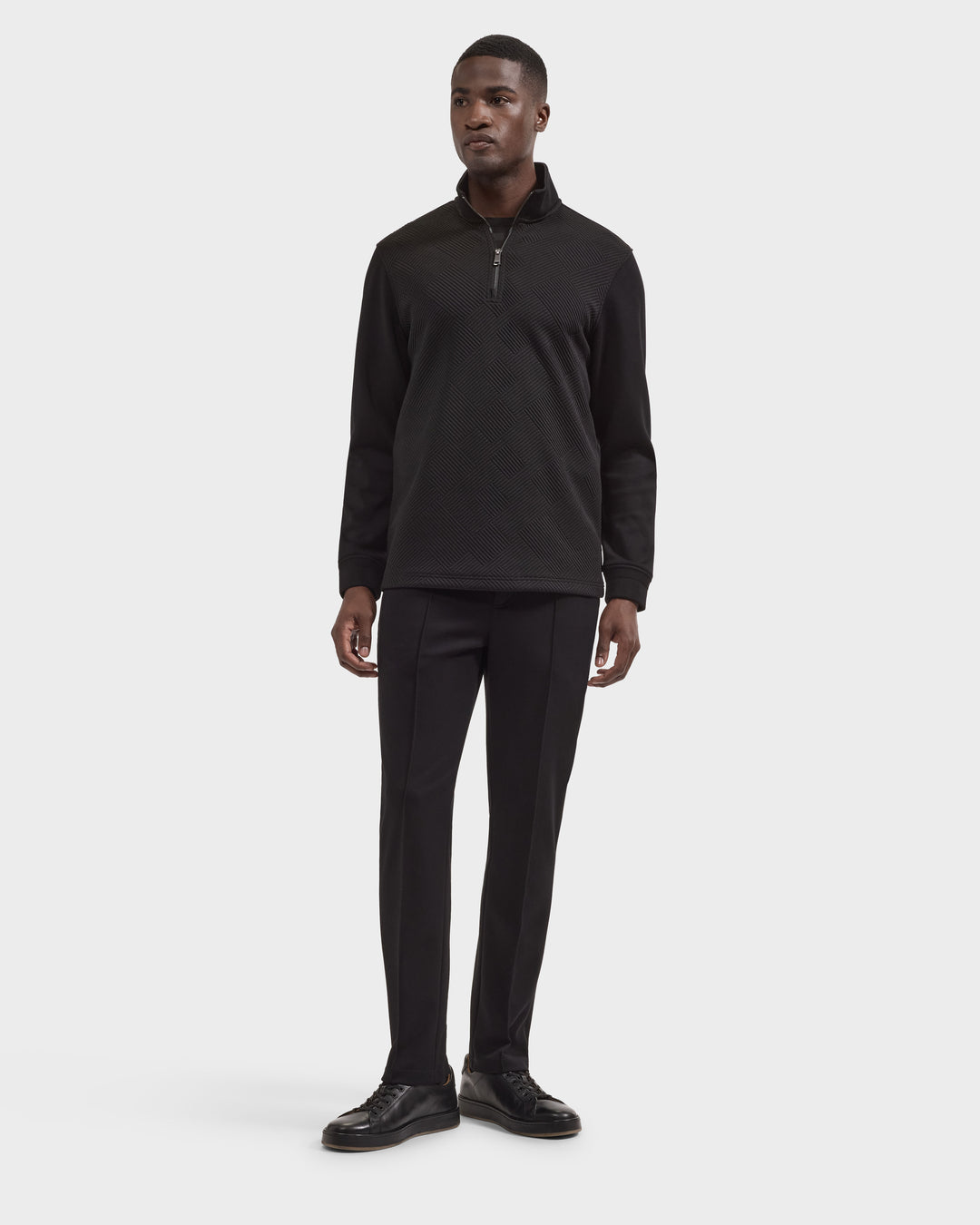 Soft Touch Geometric Jacquard Quarter-Zip Pullover in Black