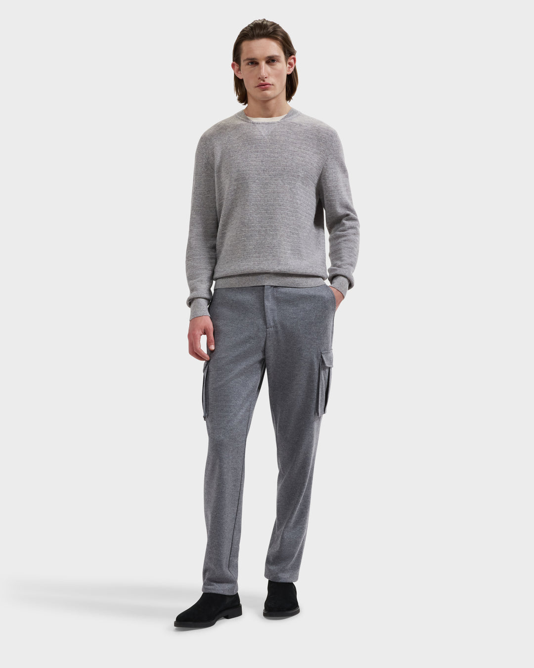 Grid Stitch Crewneck Sweater in Smoke Grey