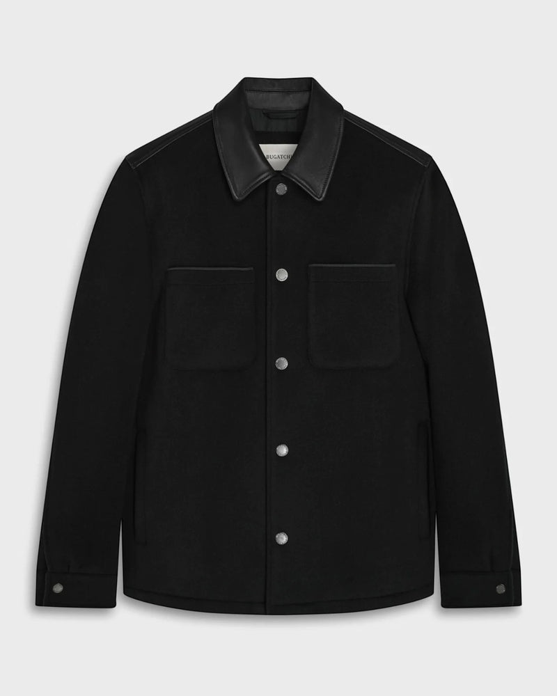 Overshirt Jacket with Leather Trim in Black-M-BLACK-BUGATCHI-Levy's Clothier