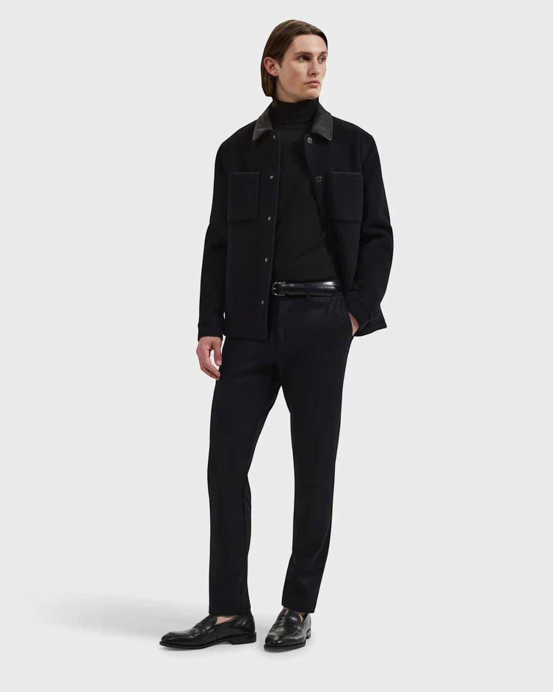 Overshirt Jacket with Leather Trim in Black-M-BLACK-BUGATCHI-Levy's Clothier