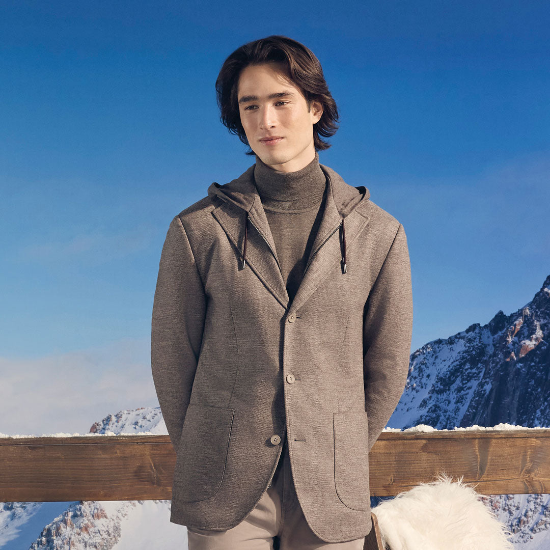 Wool Blazer with Removable Hooded Bib in Walnut