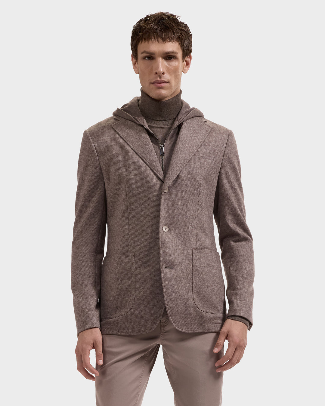 Wool Blazer with Removable Hooded Bib in Walnut