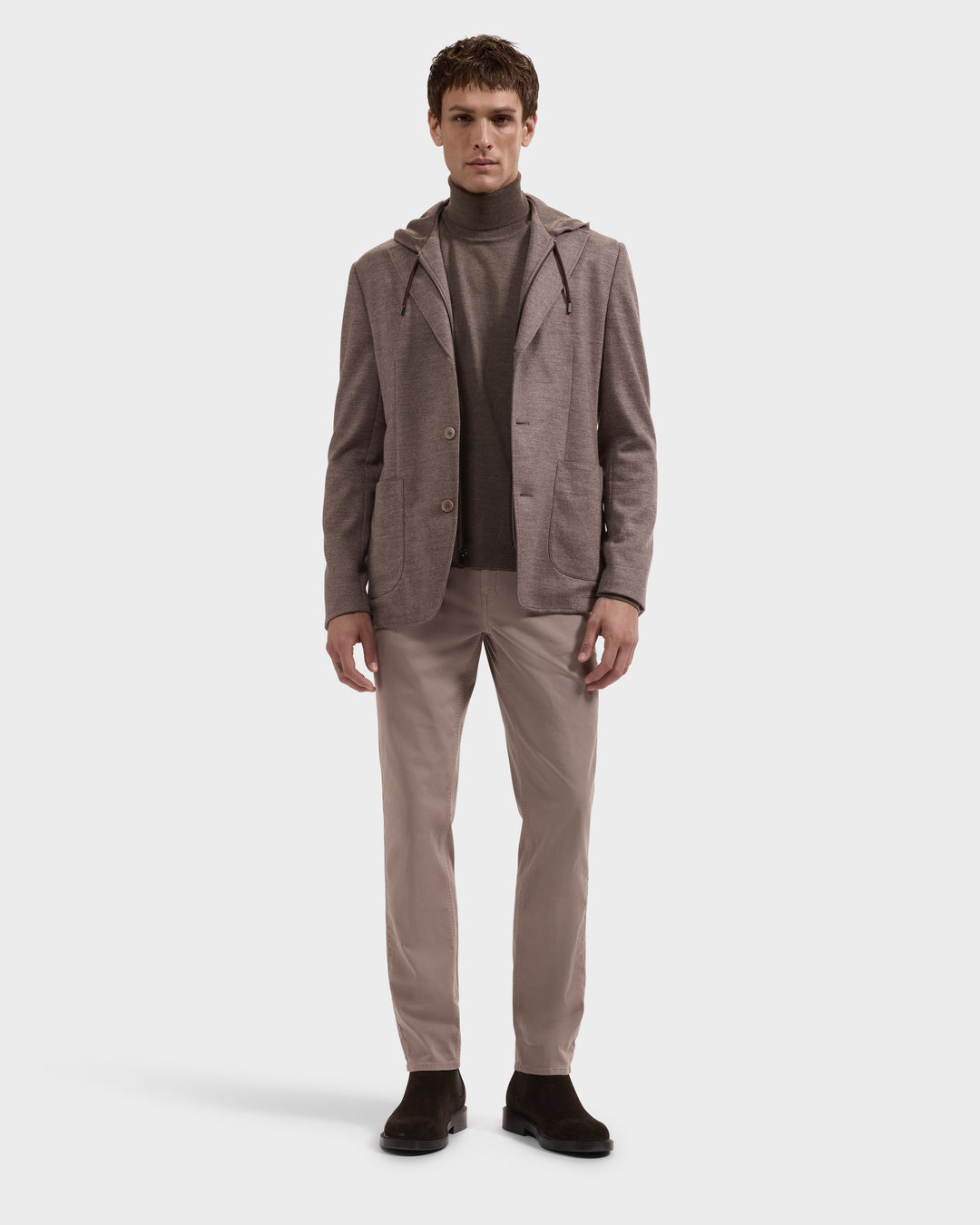 Wool Blazer with Removable Hooded Bib in Walnut