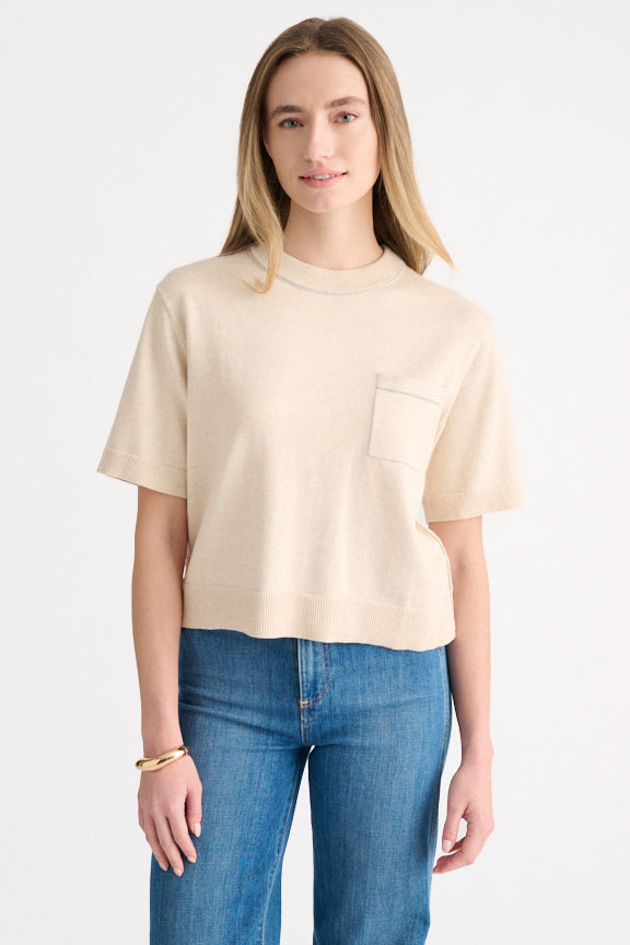 TIPPED SHORT SLEEVE CREW SWEATER