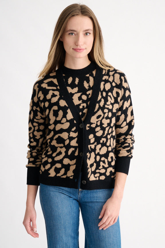 DOUBLE KNIT LEOPARD CARDIGAN - BLACK MULTI