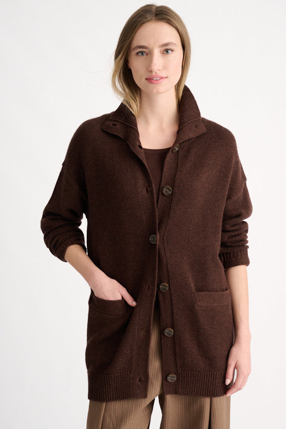 LONG BUTTON MOCK CARDIGAN - CHOCOLATE