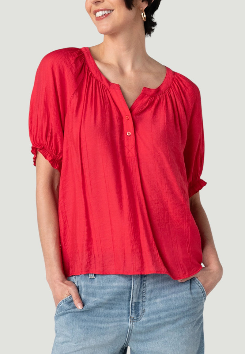 Short Sleeve Half Placket Blouse-XS-CHERRY ROSE-LIVERPOOL-Levy's Clothier