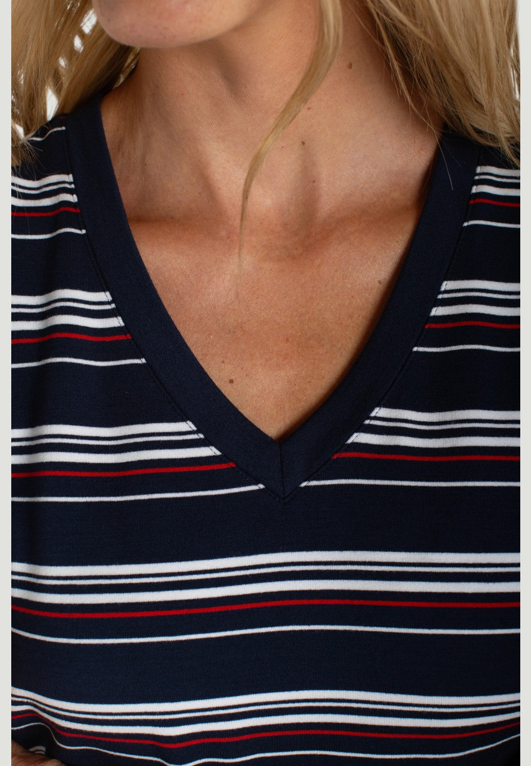 Short Sleeve V-neck Knit Tee-XS-WHITE CHERRY ROSE STRIPE-LIVERPOOL-Levy's Clothier