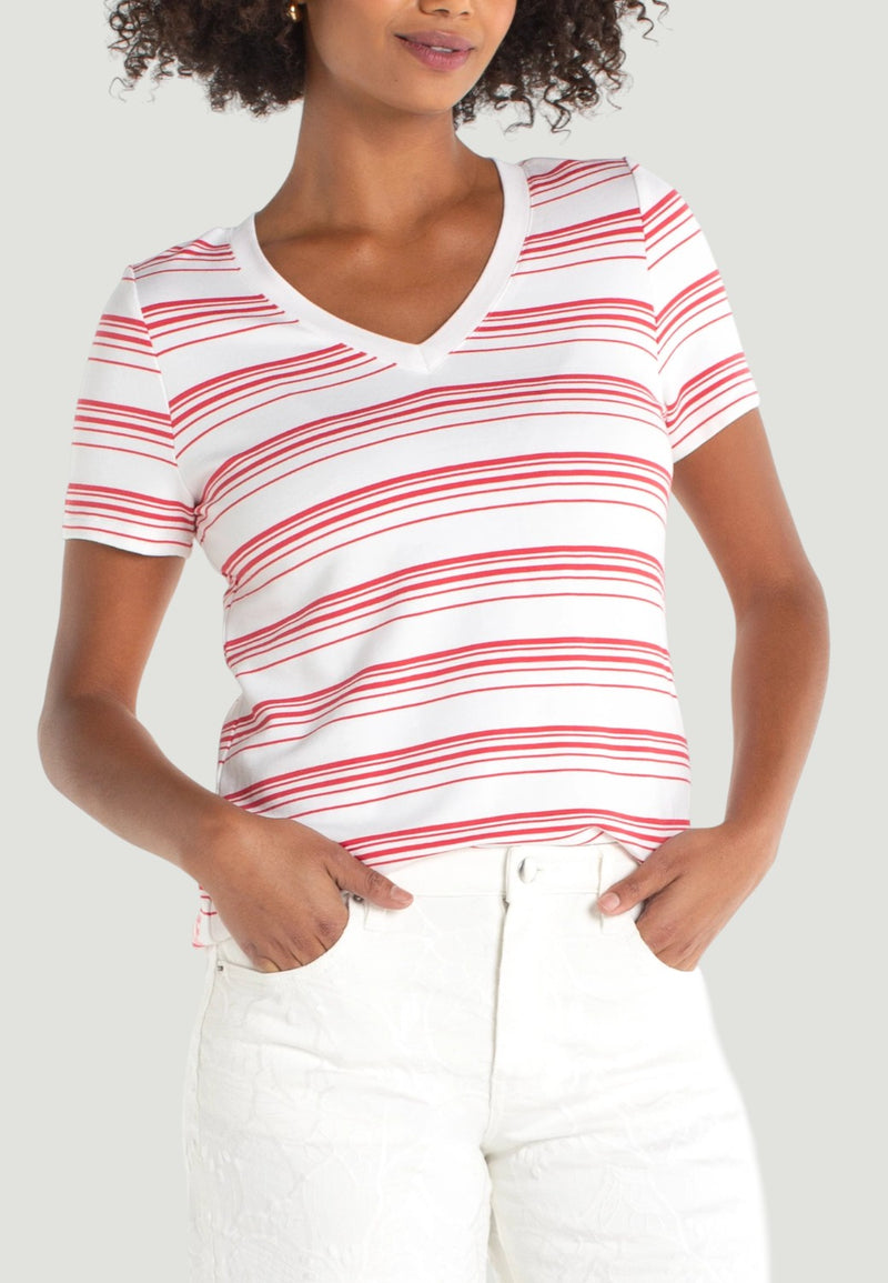 Short Sleeve V-neck Knit Tee-XS-WHITE CHERRY ROSE STRIPE-LIVERPOOL-Levy's Clothier
