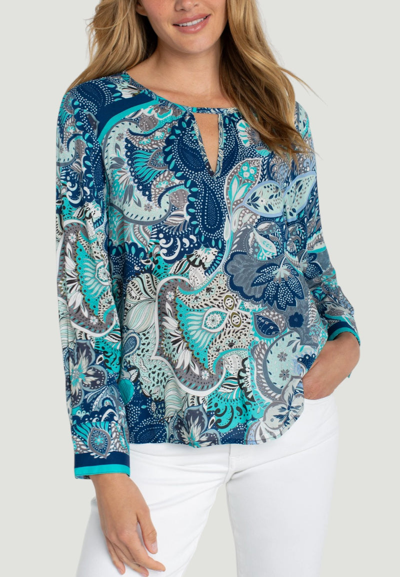 Long Sleeve Woven Top With Keyhole - Aqua Blue Multi-XS-AQUABLUE-LIVERPOOL-Levy's Clothier
