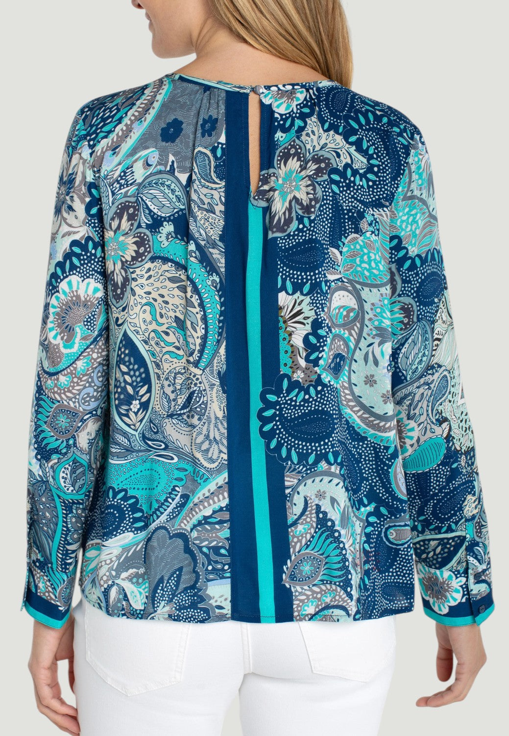 Long Sleeve Woven Top With Keyhole - Aqua Blue Multi-XS-AQUABLUE-LIVERPOOL-Levy's Clothier