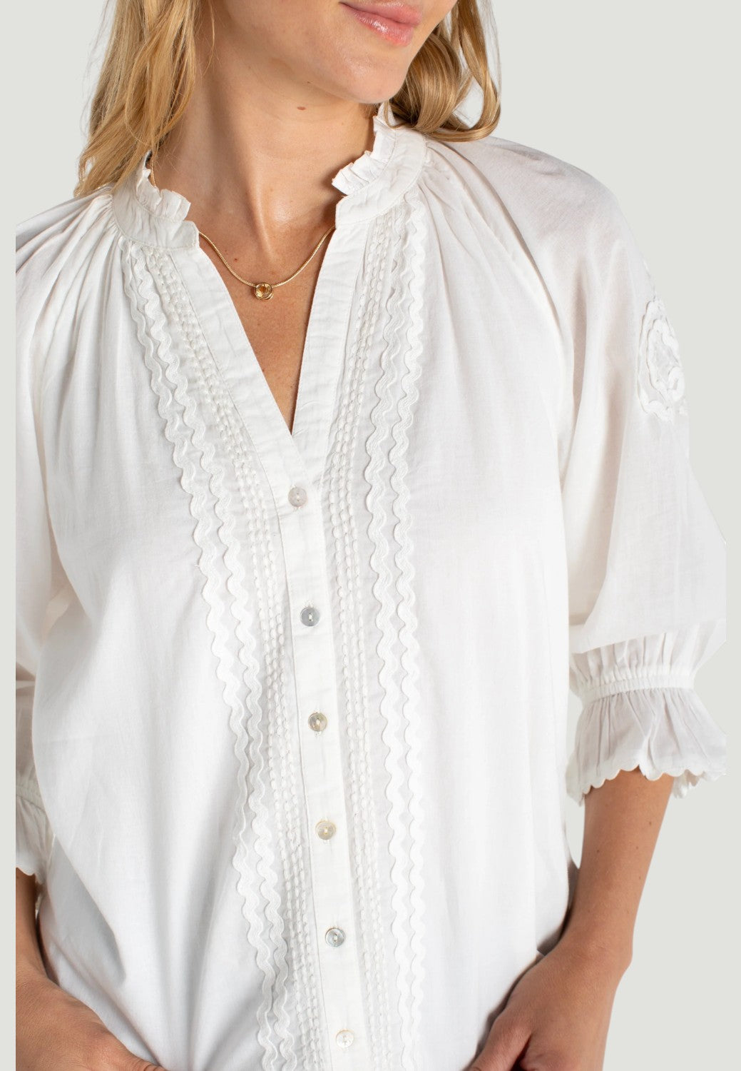 3/4 Sleeve Button Front Woven Top - Bone-XS-BONE-LIVERPOOL-Levy's Clothier