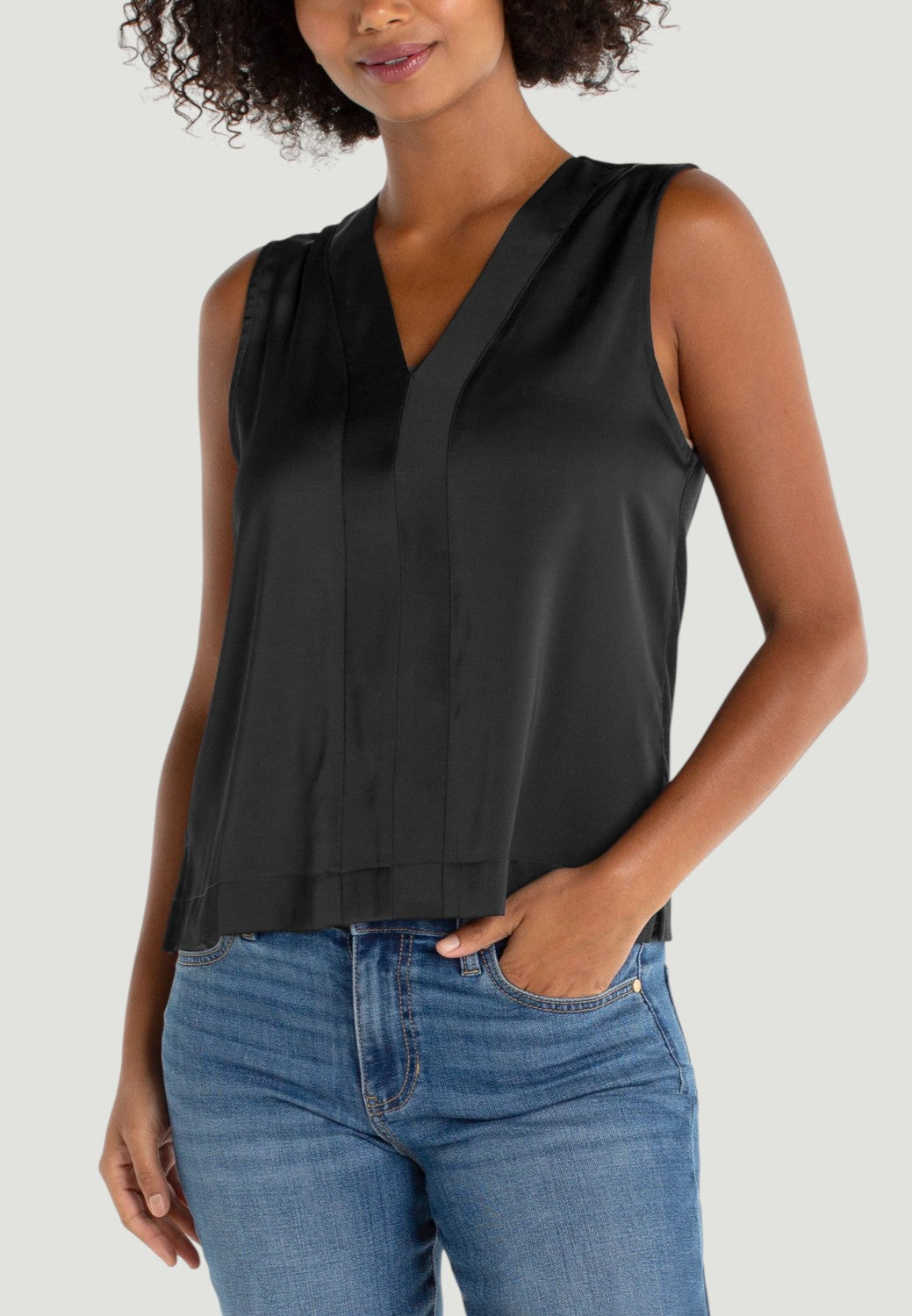 Sleeveless V-neck Woven-to-knit Top-XS-BLACK-LIVERPOOL-Levy's Clothier