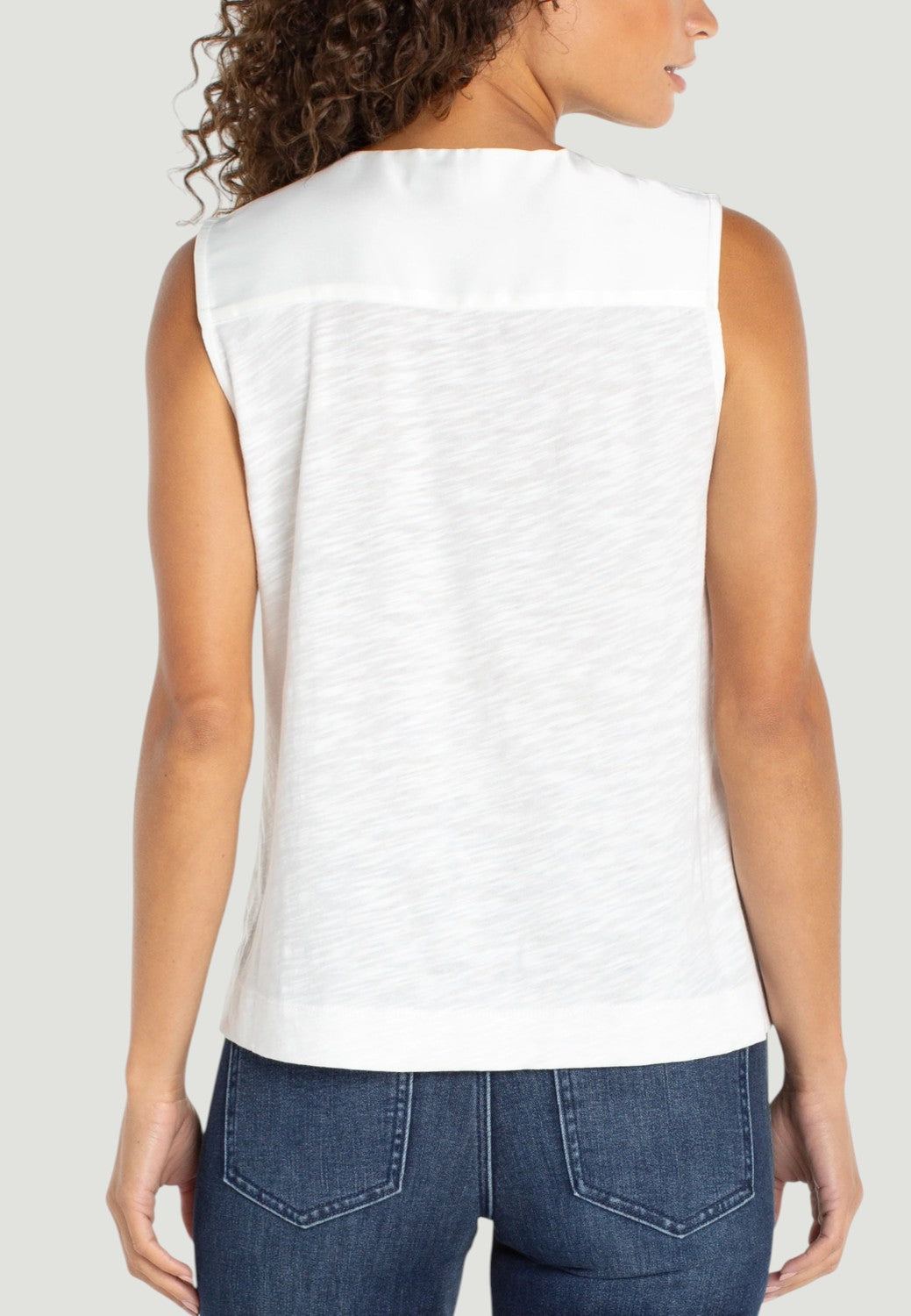Sleeveless V-neck Woven-to-knit Top-XS-WHIPPED CREAM-LIVERPOOL-Levy's Clothier