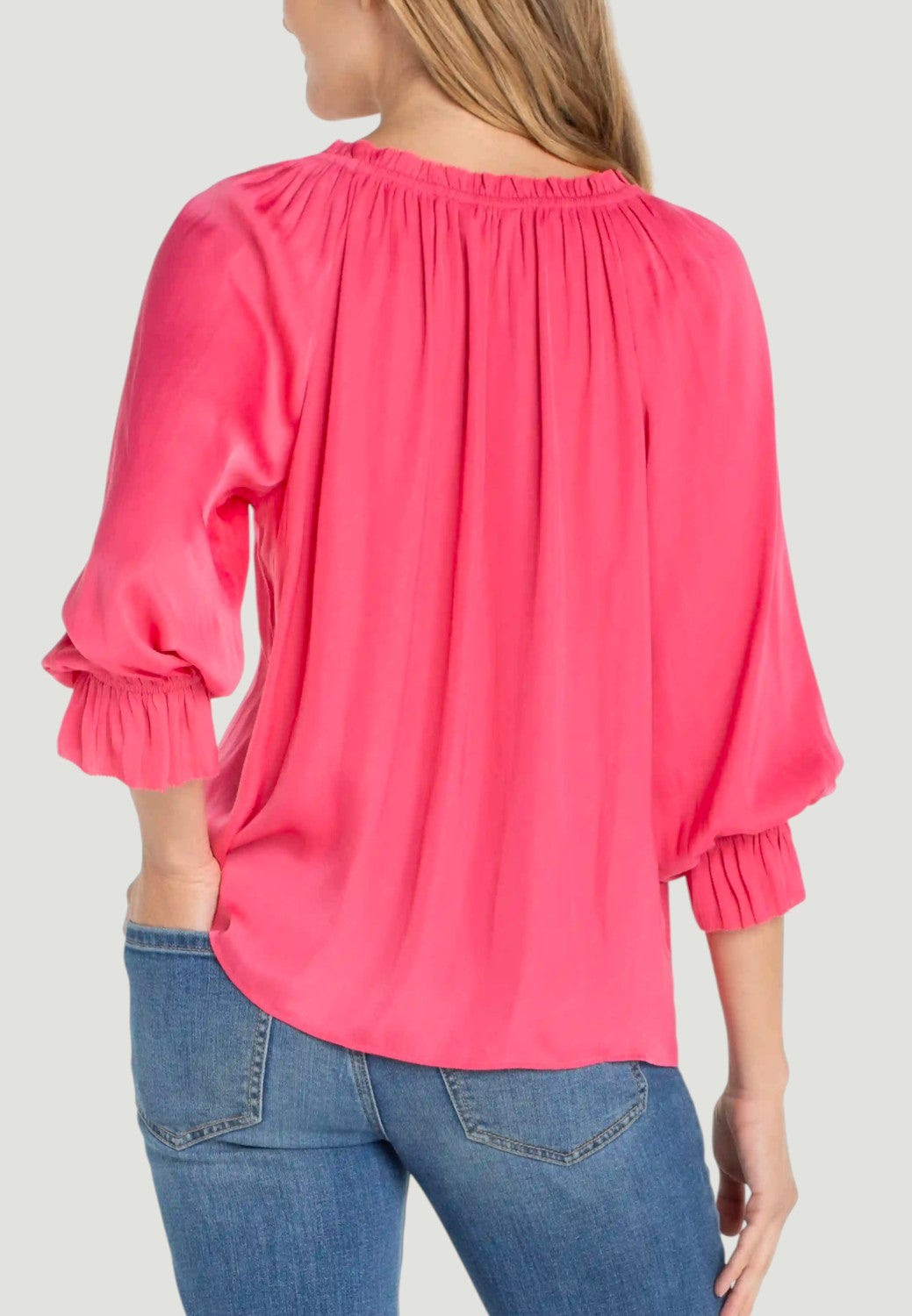 3/4 Sleeve Button Front Top with Ruffle Details - Perfect Pink-XS-LIVERPOOL-Levy's Clothier