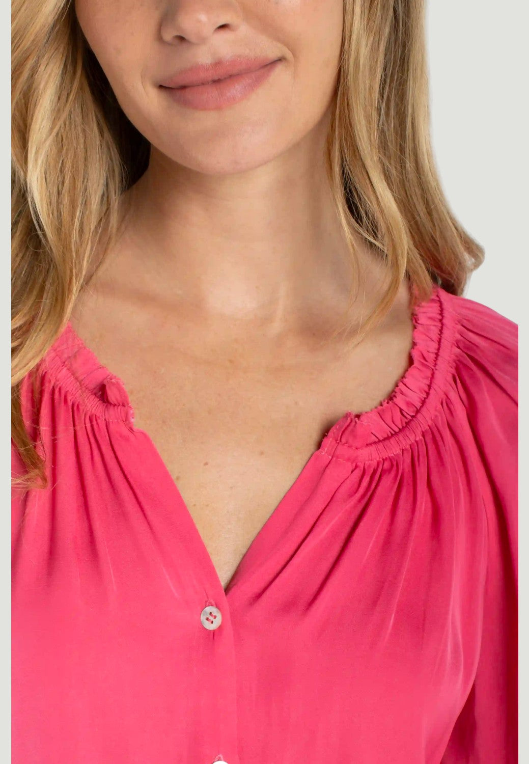 3/4 Sleeve Button Front Top with Ruffle Details - Perfect Pink-XS-LIVERPOOL-Levy's Clothier