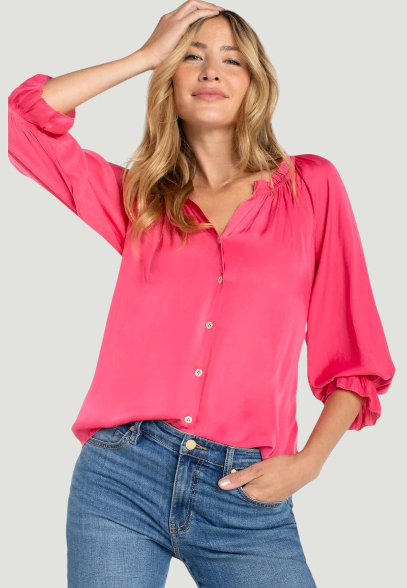 3/4 Sleeve Button Front Top with Ruffle Details - Perfect Pink-XS-LIVERPOOL-Levy's Clothier
