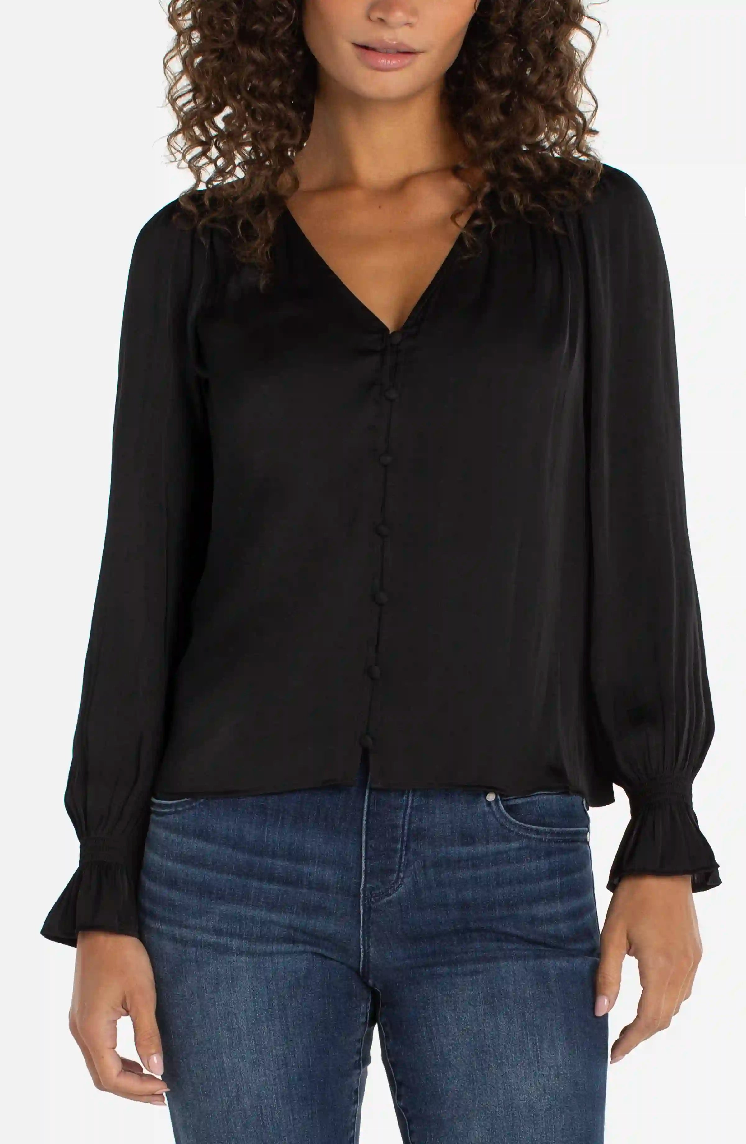 Liverpool Button Front Woven Top with Smocking - Black-XS-BLK-LIVERPOOL-Levy's Clothier