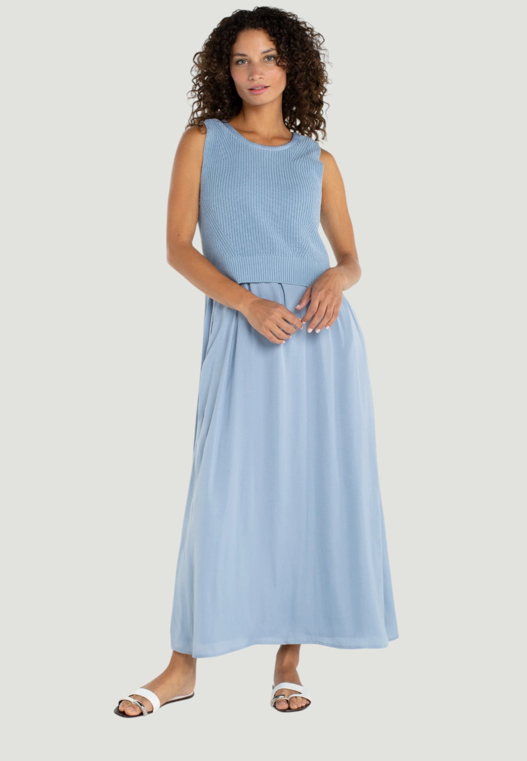 Liverpool - Sleeveless Tie Back Sweater Woven Dress - Malibu Blue | Levy's Nashville Liverpool - Sleeveless Tie Back Sweater Woven Dress - Malibu Blue | Levy's Nashville