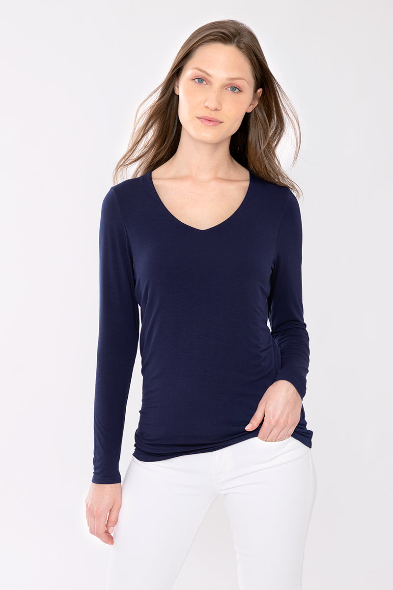 Bamboo Long Sleeve Vee-XS-BIANCO-KINROSS CASHMERE-Levy's Clothier