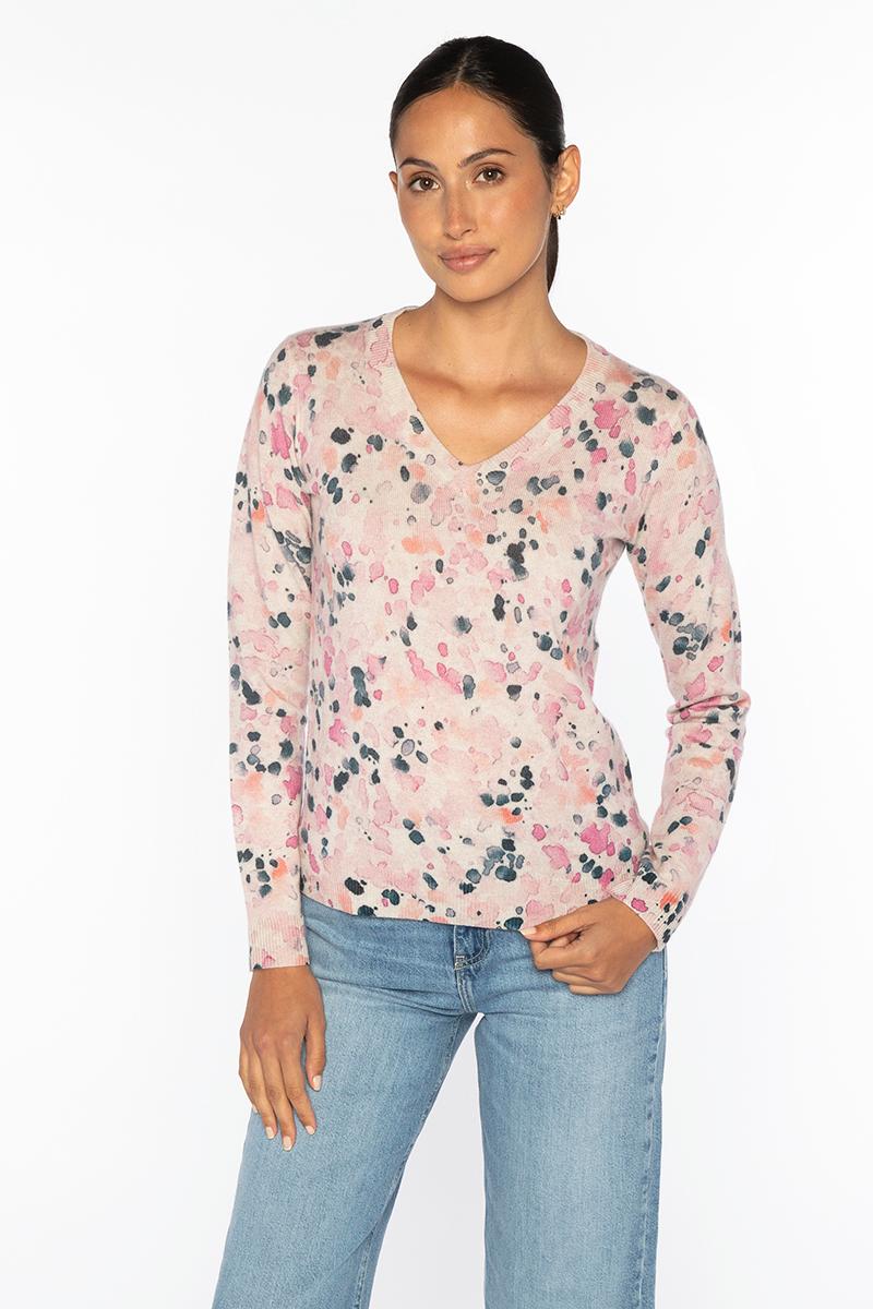DROPLET PRINT VEE-DAHLIA MULTI-XS-Kinross Cashmere-Levy's Clothier