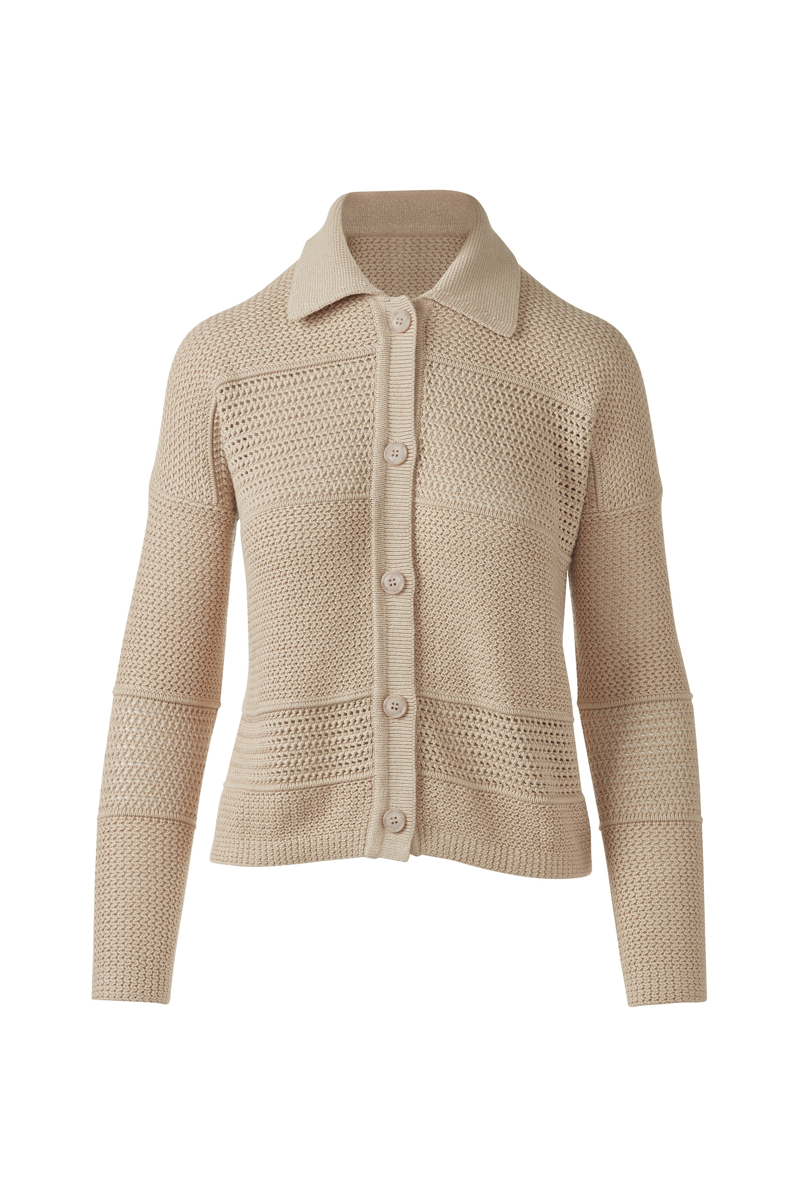 MIXED TEXTURE COLLARED CARDIGAN-STRAW-XS-Kinross Cashmere-Levy's Clothier