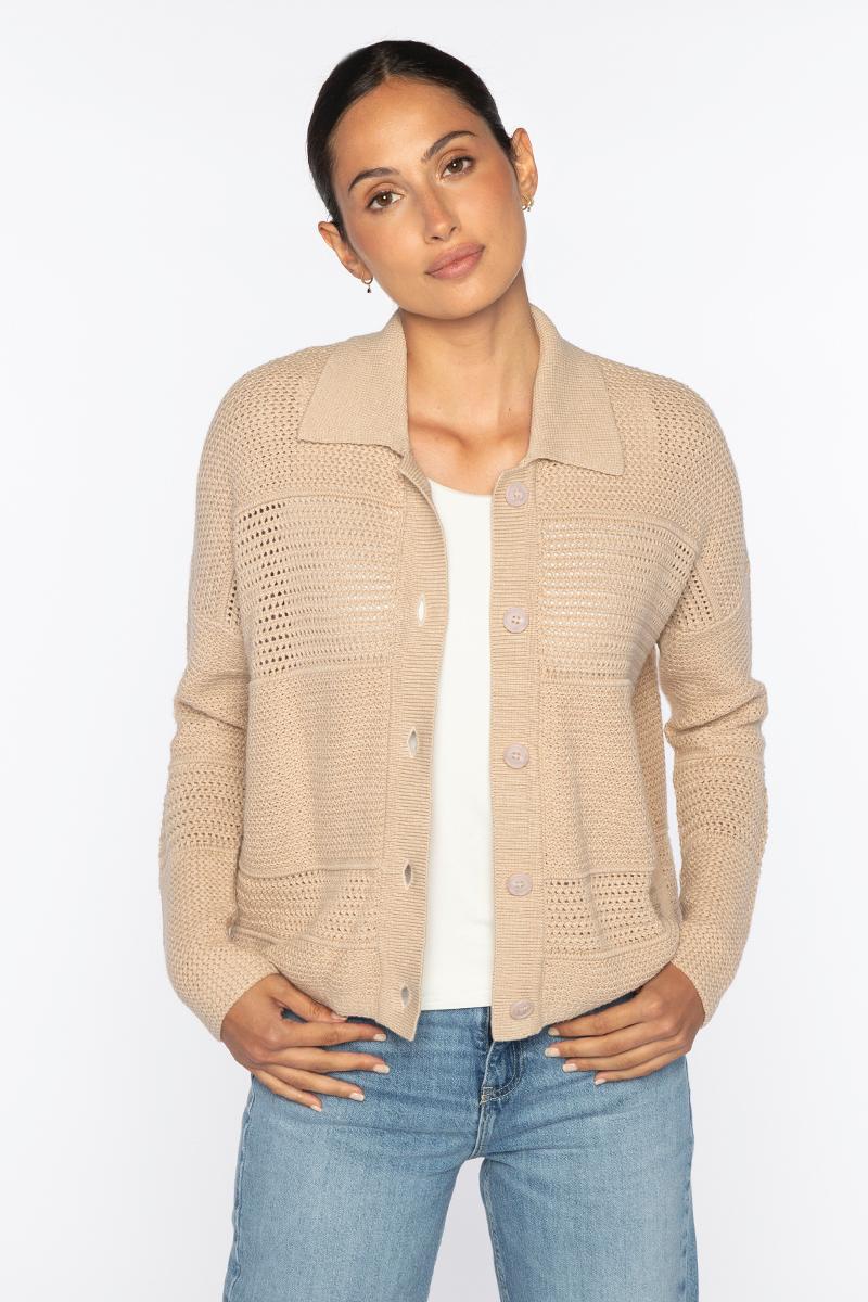 MIXED TEXTURE COLLARED CARDIGAN-DOVE-XS-Kinross Cashmere-Levy's Clothier