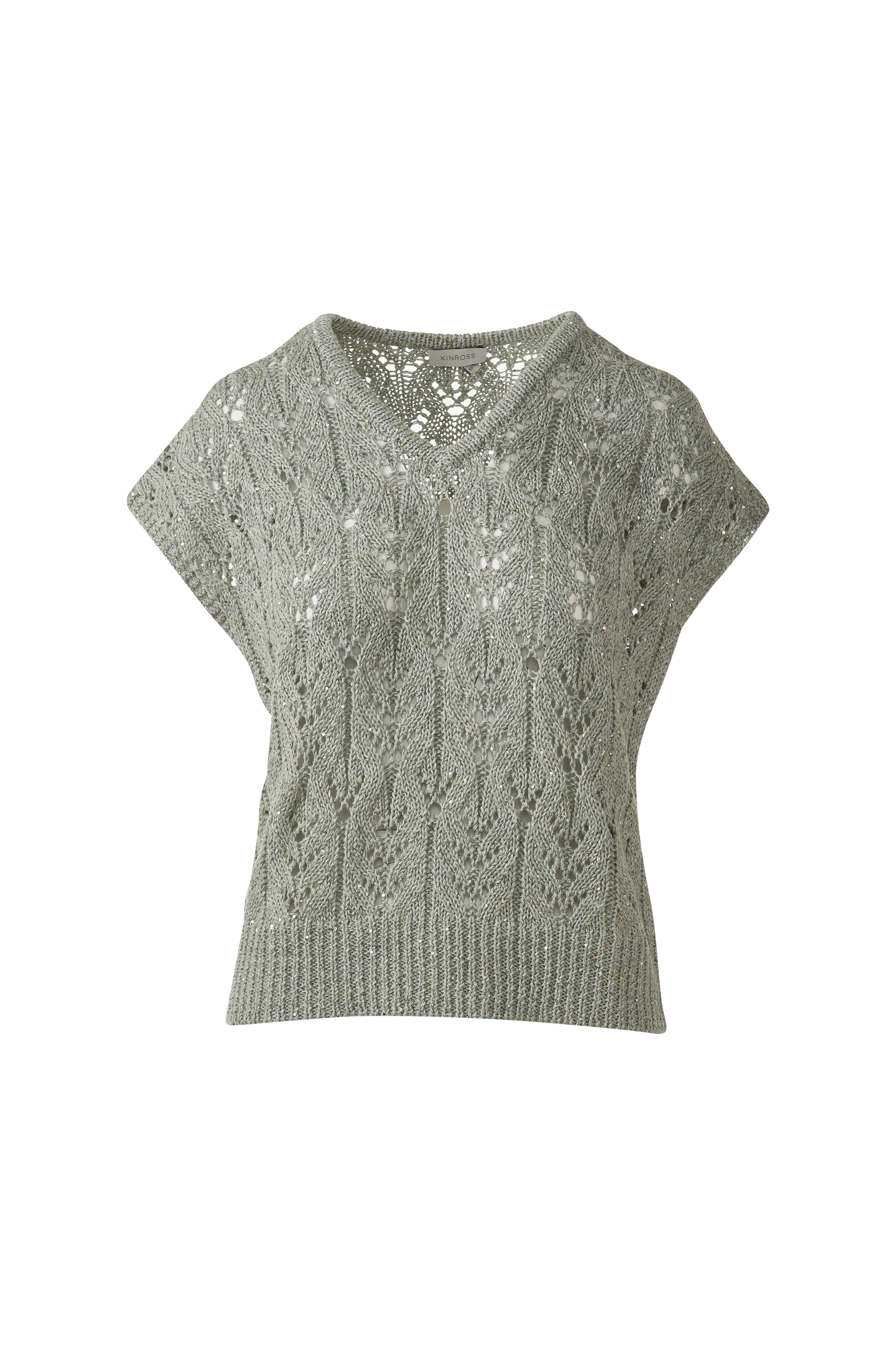 SEQUIN CAP SLEEVE OPENWORK VEE-FERN-XS-Kinross Cashmere-Levy's Clothier