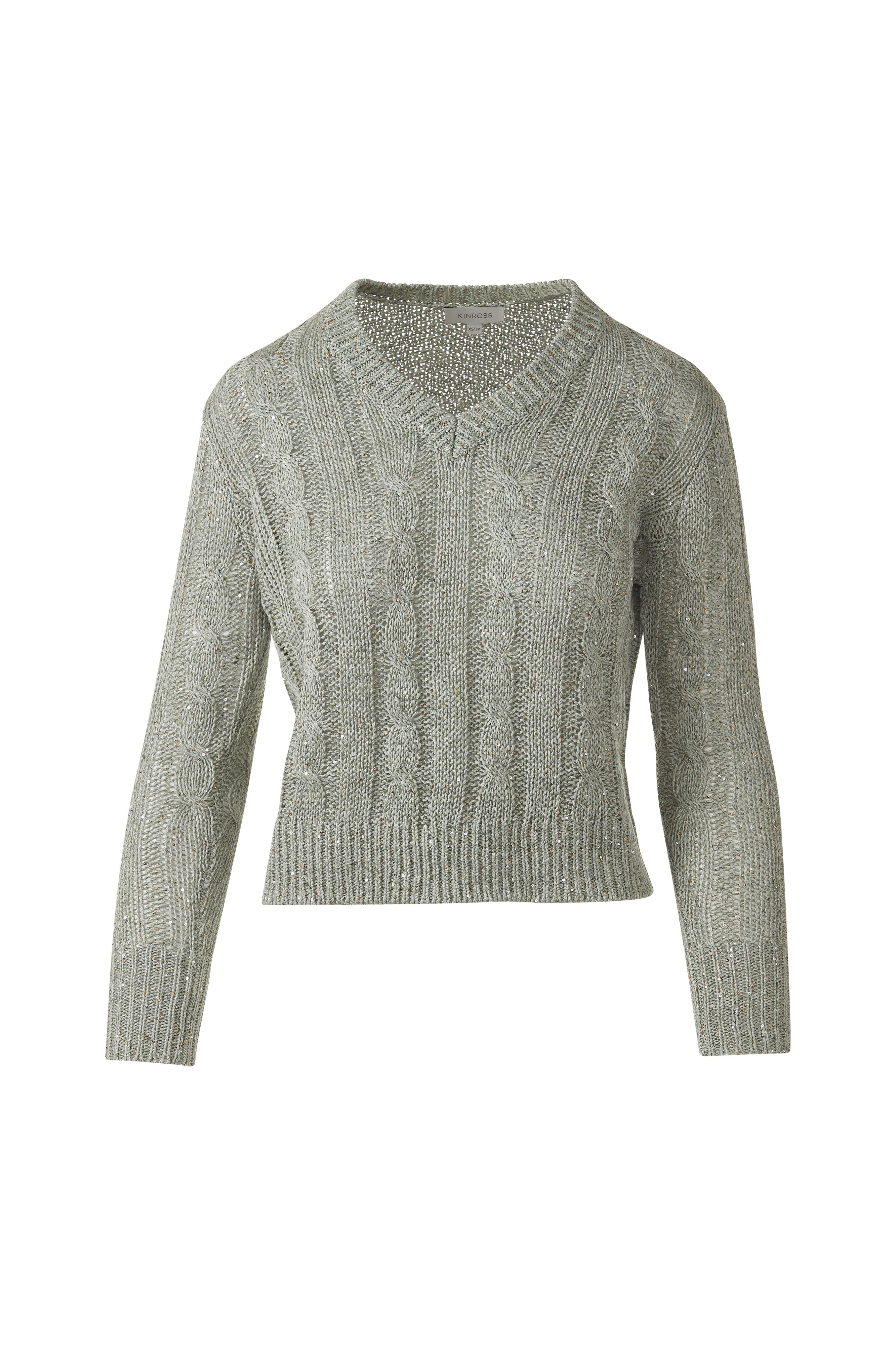 SEQUIN CABLE VEE-FERN-XS-Kinross Cashmere-Levy's Clothier