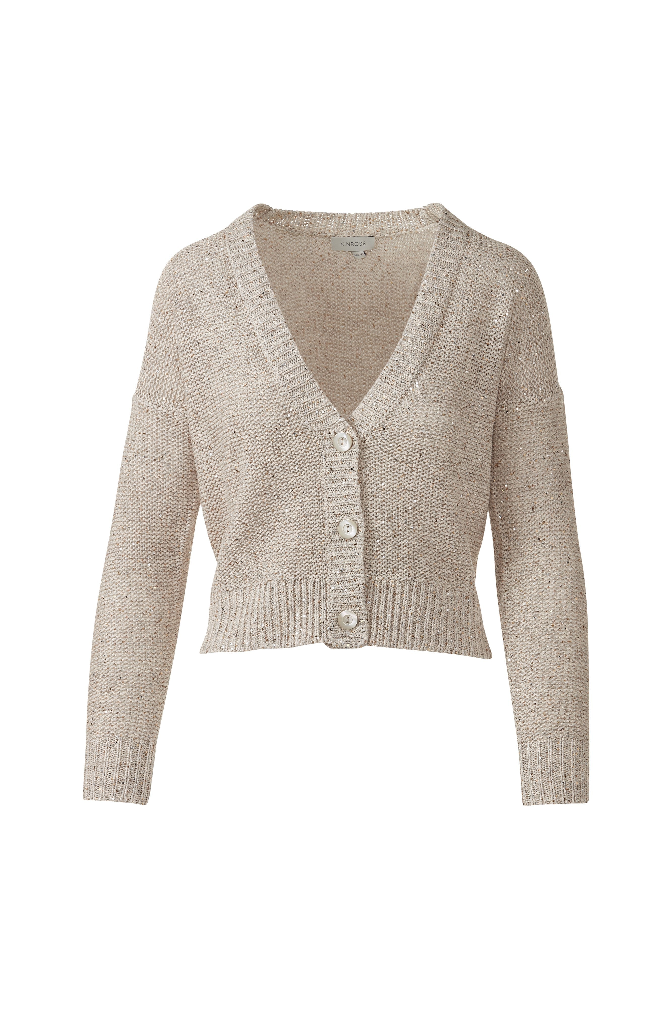 SEQUIN VEE CARDIGAN-STRAW-XS-Kinross Cashmere-Levy's Clothier