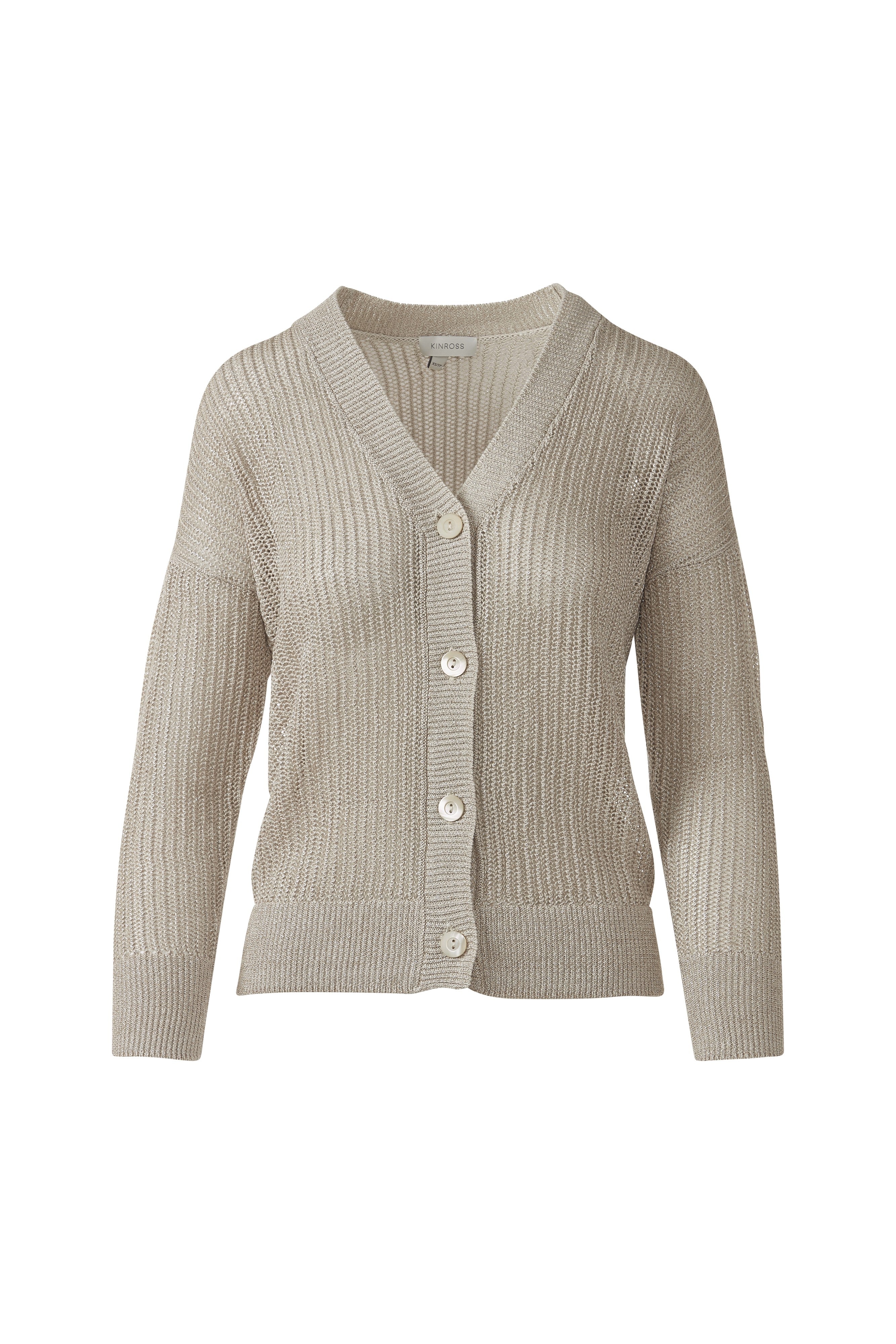 OPEN TEXTURE LUREX CARDIGAN-PEBBLE-XS-Kinross Cashmere-Levy's Clothier