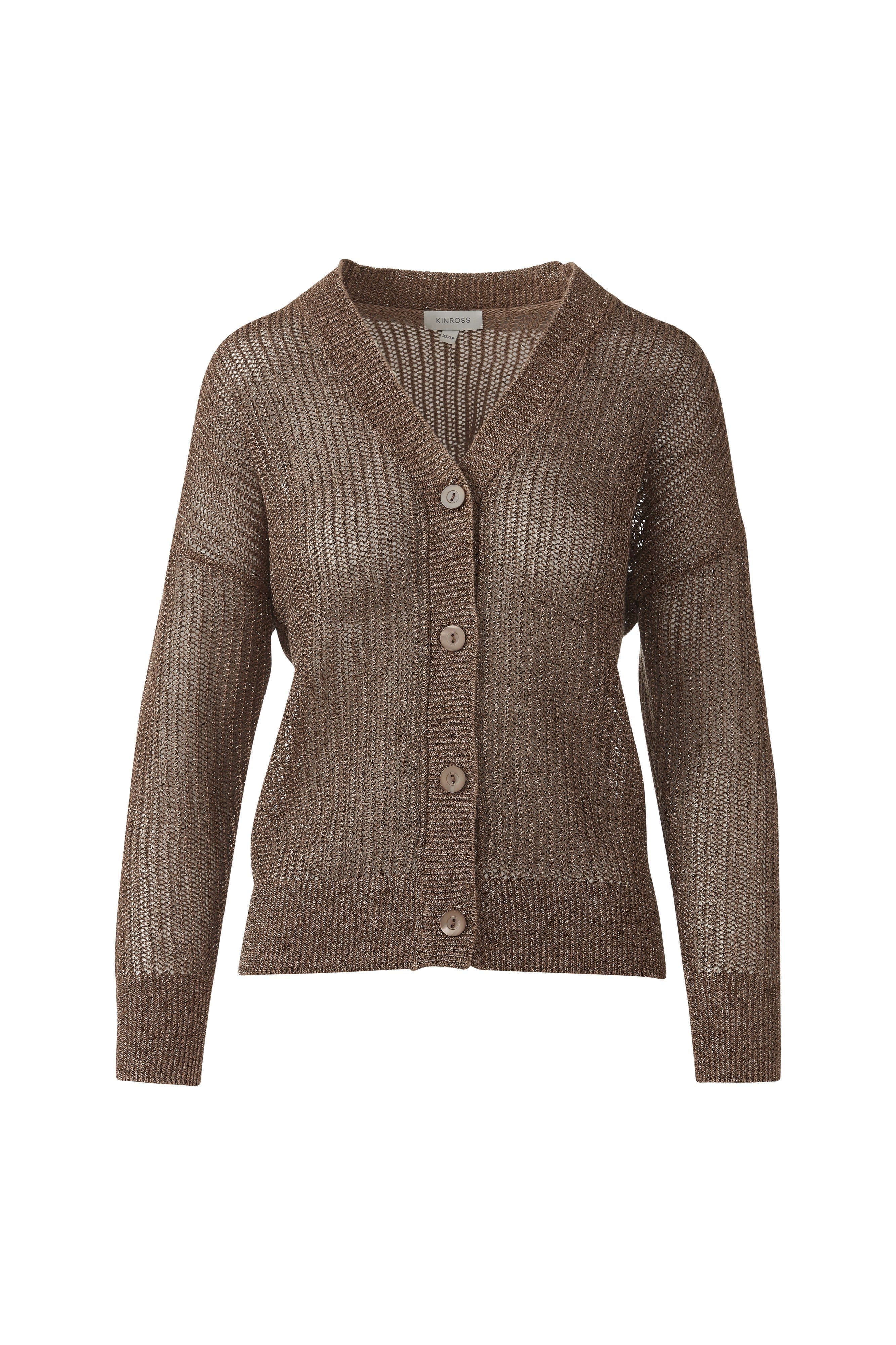 OPEN TEXTURE LUREX CARDIGAN-SADDLE-XS-Kinross Cashmere-Levy's Clothier