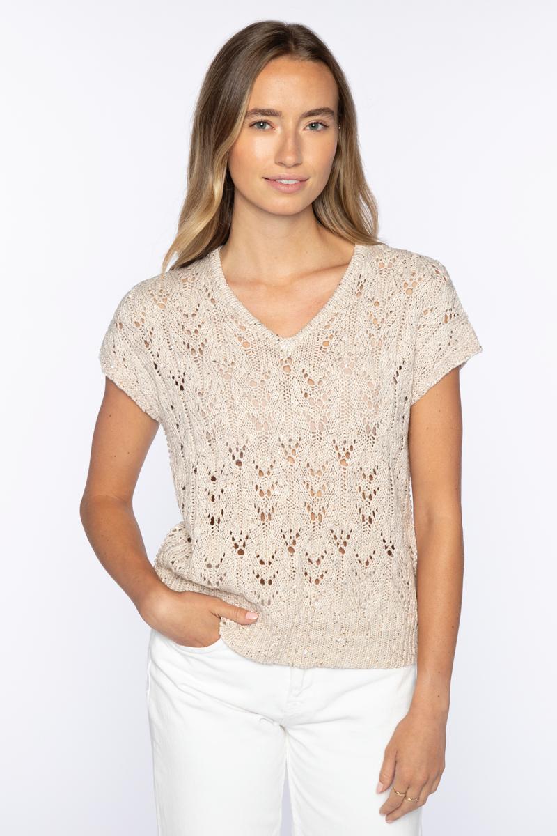SEQUIN CAP SLEEVE OPENWORK VEE-CHALK-XS-Kinross Cashmere-Levy's Clothier