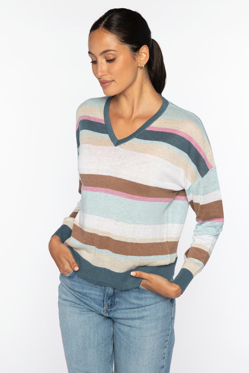 MULTI-COLOR STRIPE VEE-CRYSTAL-XS-Kinross Cashmere-Levy's Clothier