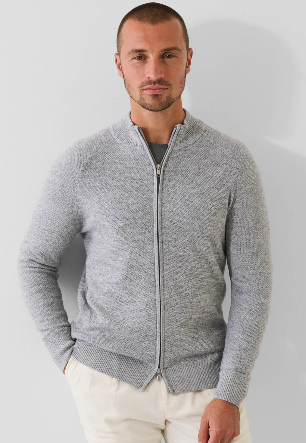 Merino Seed Stitch Full-Zip Cardigan-M-FOG GREY-PATRICK ASSARAF-Levy's Clothier
