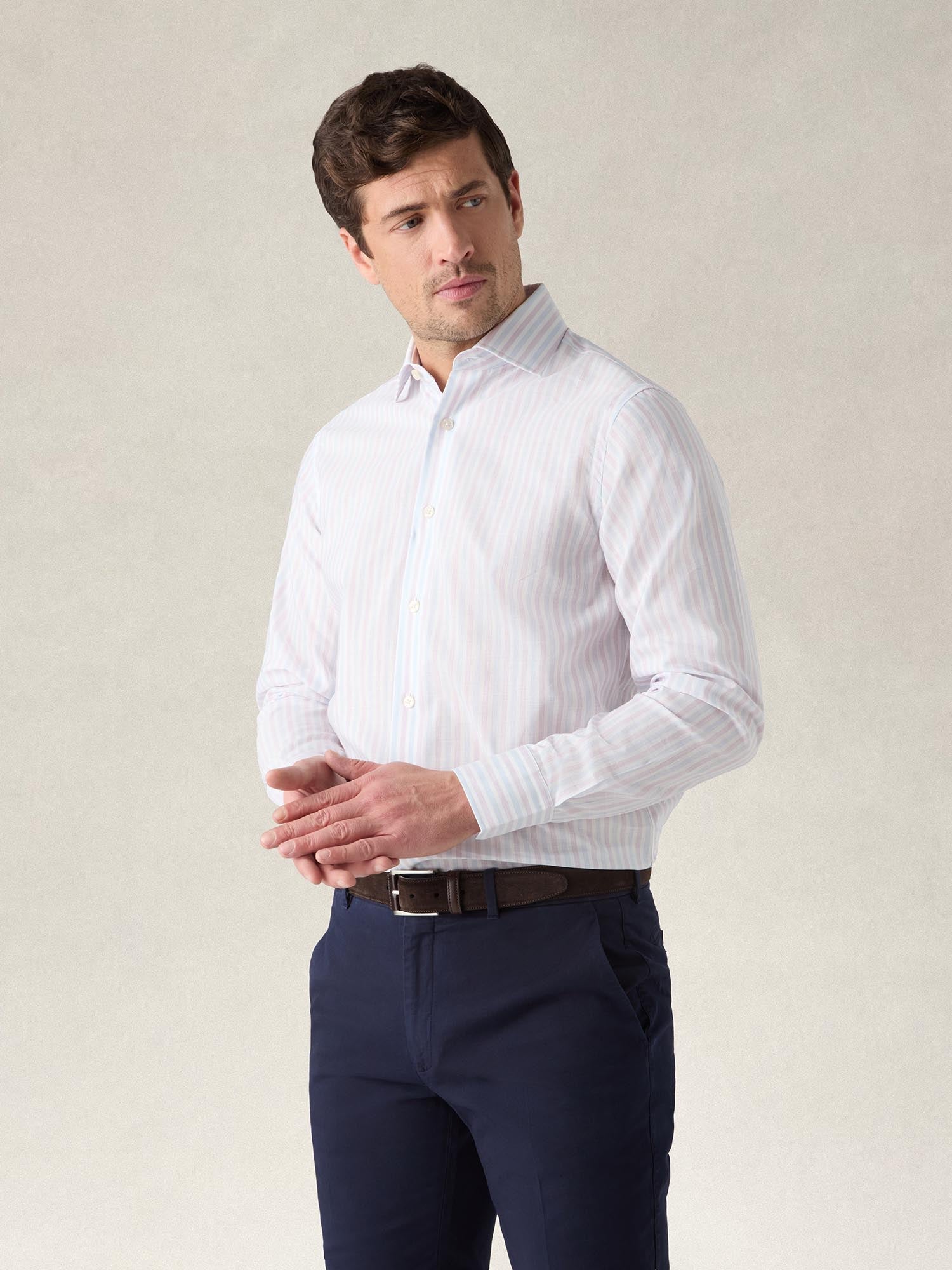 Reynolds Blue Multi Thin Stripe Cotton Linen Blend Shirt in Contemporary Fit-16-RASPBERRY-ROBERT TALBOTT-Levy's Clothier