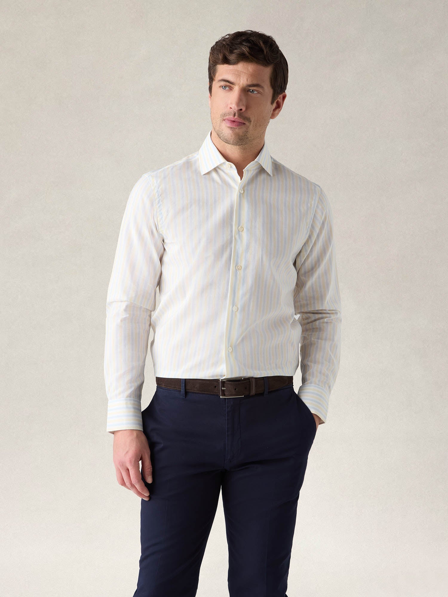 Reynolds Blue Multi Thin Stripe Cotton Linen Blend Shirt in Contemporary Fit-15.5-YELLOW-ROBERT TALBOTT-Levy's Clothier