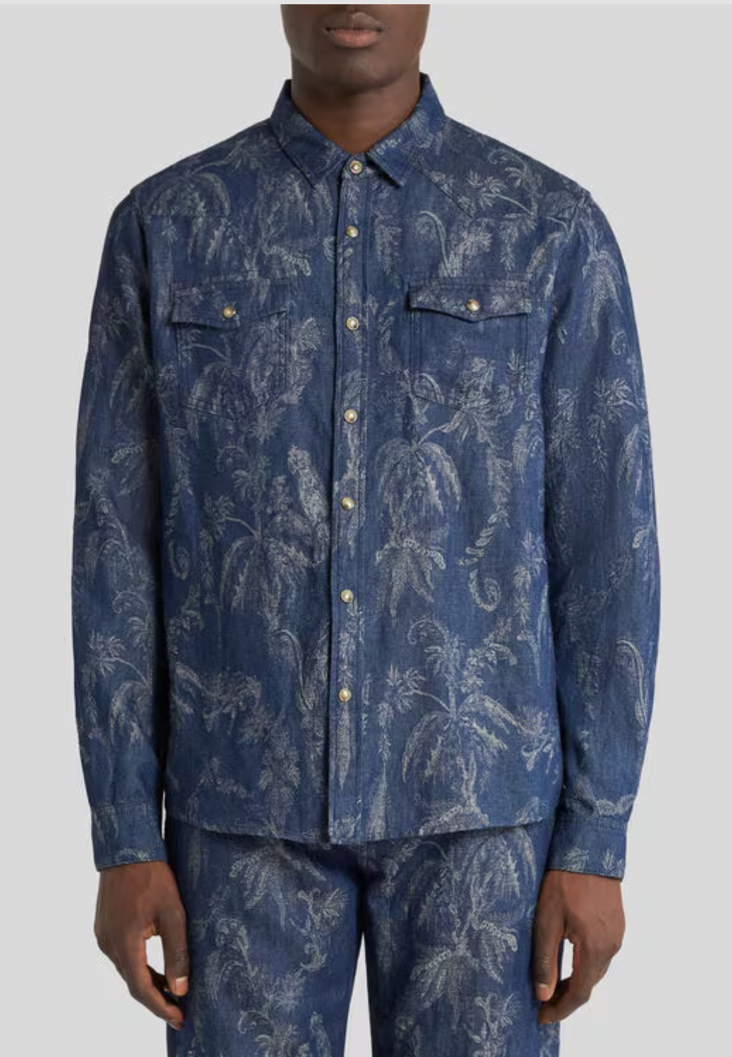 Cotton and Linen Jacquard Denim Shirt with Parrot and Palm Tree Motif-M-BLUE-ETRO-Levy's Clothier