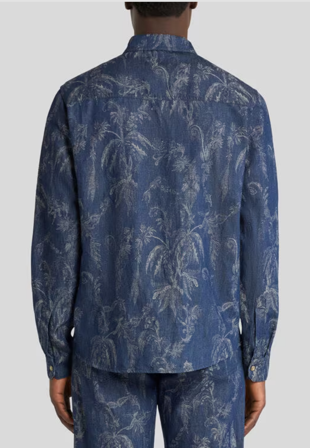Cotton and Linen Jacquard Denim Shirt with Parrot and Palm Tree Motif-M-BLUE-ETRO-Levy's Clothier