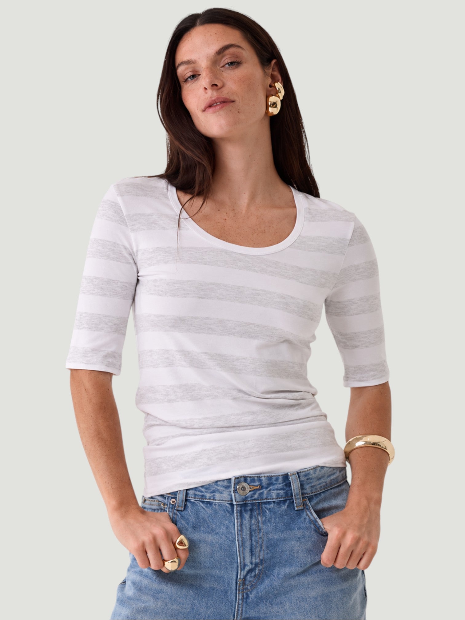 Soft Touch Stripe Elbow Sleeve Scoopneck - Ecru Chine-XS-ECRU CHINE-MAJESTIC TEES-Levy's Clothier
