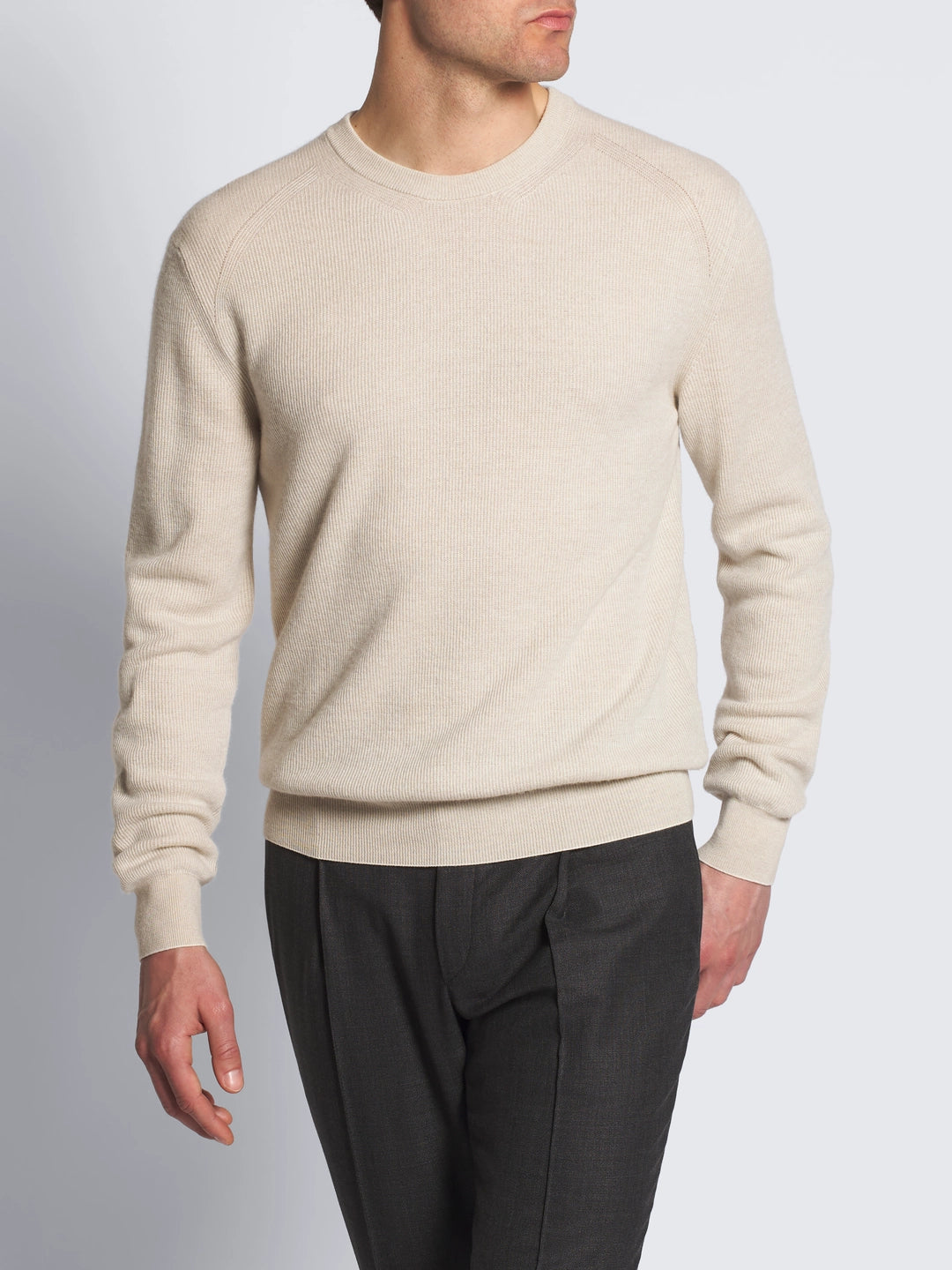 Beige and White Cashmere and Wool Crewneck Sweater