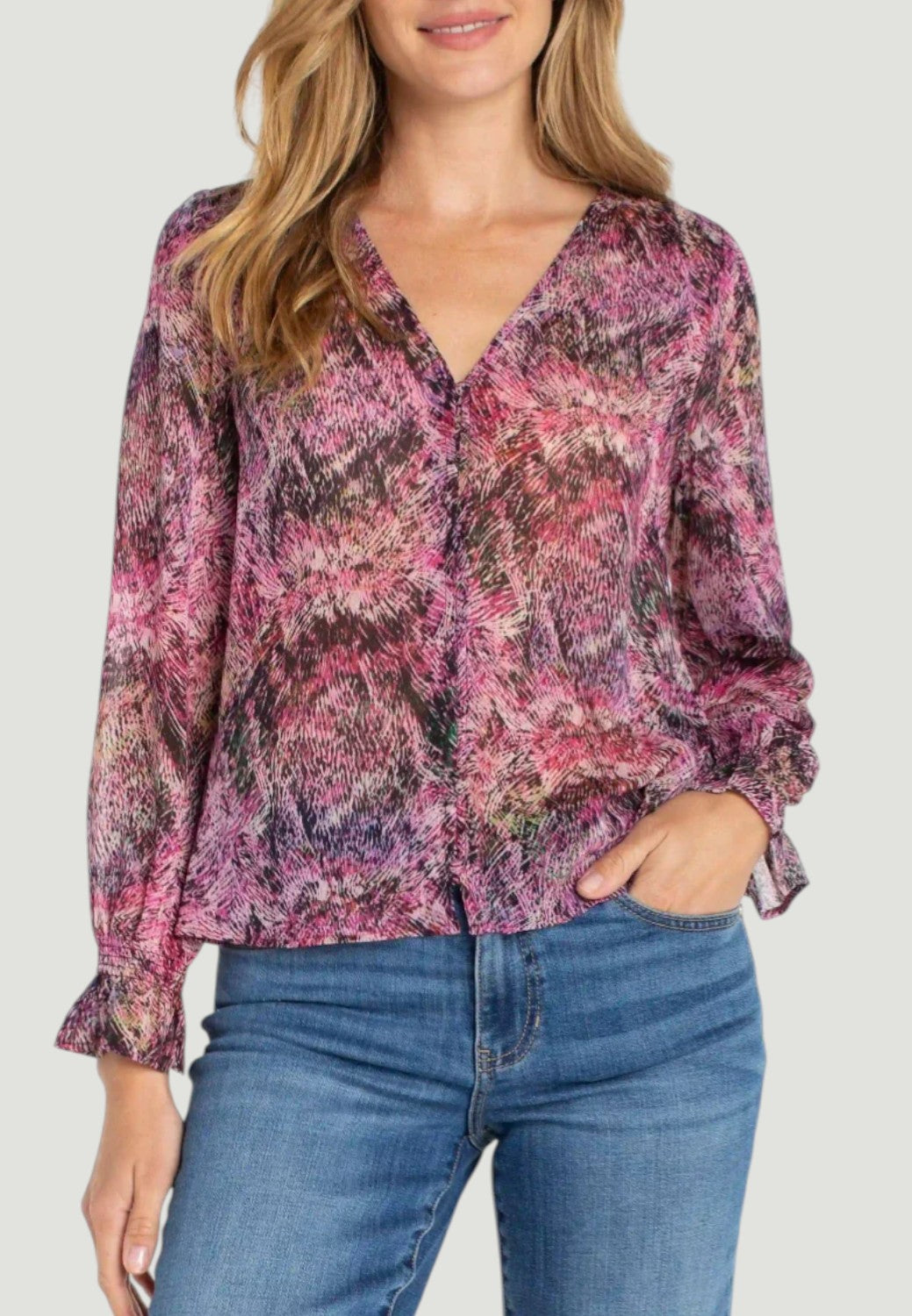 Longsleeve Button Front Top with Smocking - Pink Multi Starburst-XS-LIVERPOOL-Levy's Clothier