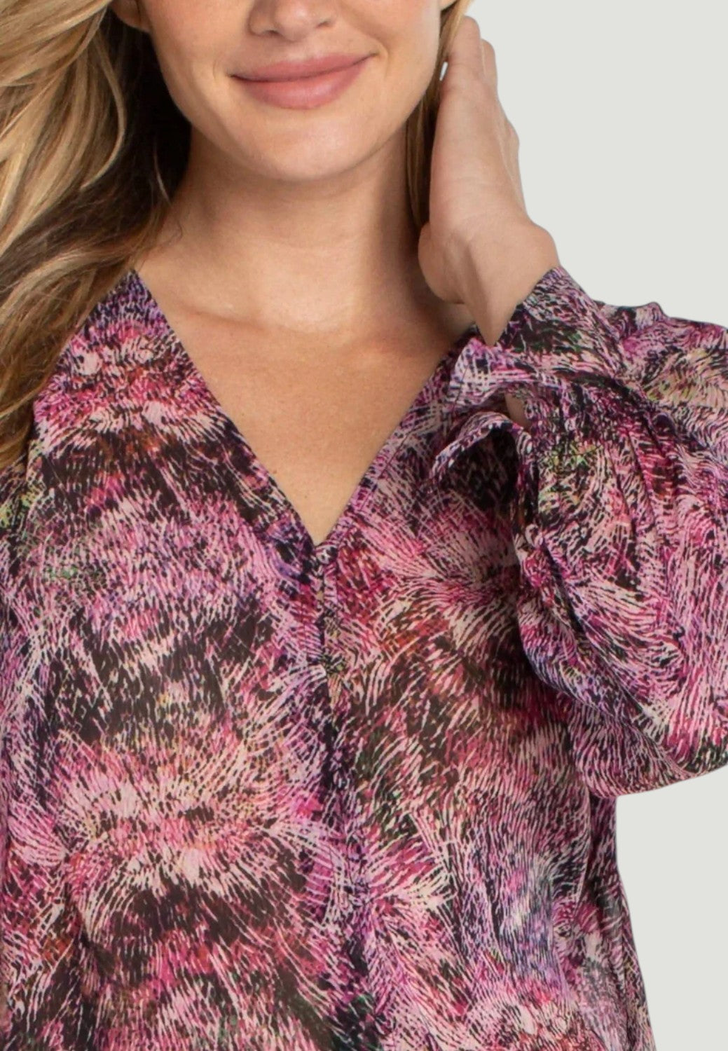 Longsleeve Button Front Top with Smocking - Pink Multi Starburst-XS-LIVERPOOL-Levy's Clothier